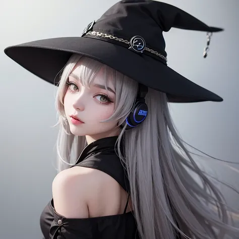 Grey air, Cat Ear Headphones,From Behind, Witch Hat, 1girl, eyeshadow 