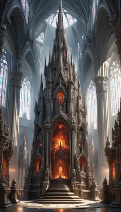 a imposing royal demonic cathedral, intricate and ornate gothic and hellish architecture, ornate carved stone sculptures, towering central spire, isolated against a hellish background, chaotic imagery of the worlds deities, extremely sharp and detailed, AR...