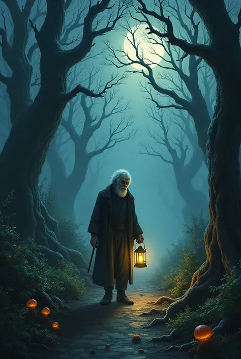 An old man walking down a path through a spooky forest at night