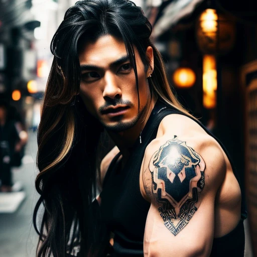 1 man, Japanese man, male, Asian eyes, muscular, broad shoulders, yakuza tattoos, hairstyle Visual Kei style, hair Visual Kei, black mens shirt and black pants, ultra detailed face, hyperrealistic, realistic representation, long hair, long hair, 30 years o...