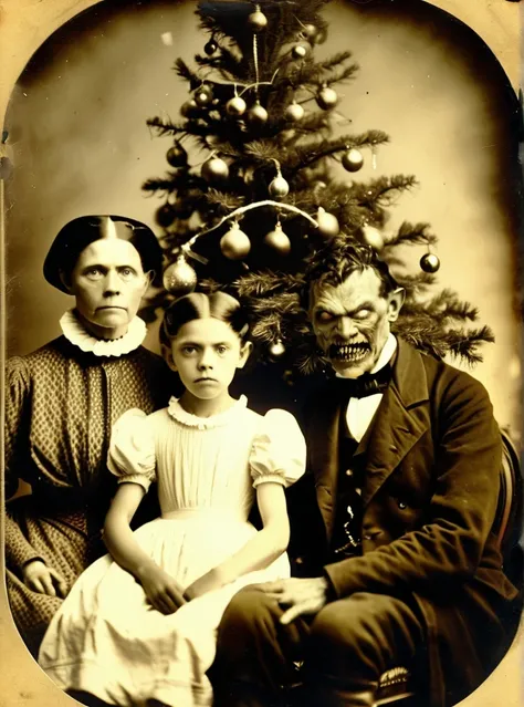 daguerreotype photo of a horrifyingly grotesque demon glaring at the camera as he is sitting with a family next to a christmas t...