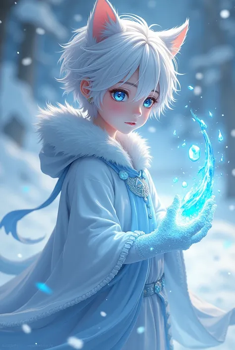 Anime boy
Ice magic
White hair
Cat ear
Magic cloth
