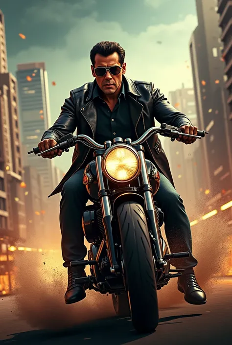 Salman khan bike chase scene with black sun glasses 
Face should be real 
And sikandar title 