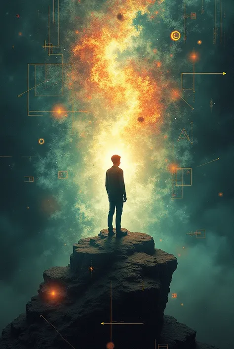 I want an image that represents chaos looking for order.. I want it to be an image that leads to reflection., that there are physical symbols or mathematics, the silhouette of a human being that doesn&#39;t look so realistic and some fractals. Let it be an...