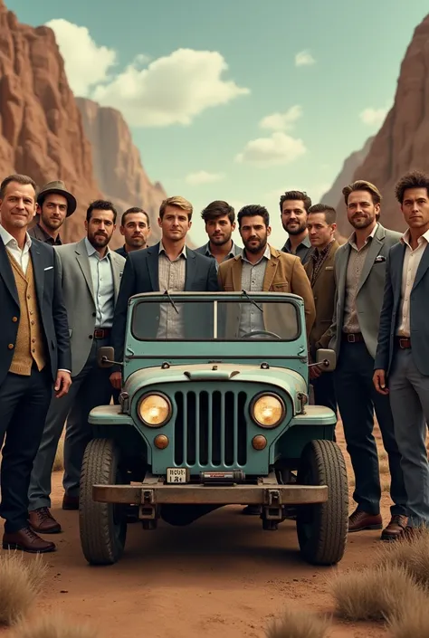 11 guys standing together in some are wearing suit and some are wearing casual and having body standing together friends in one jeep detailed pic some are wearing blazer so many guys