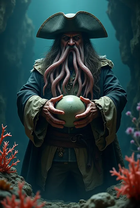 davy jones pirates of the caribbean, A pirate, wearing Pirate hat, a pirate Clothes, with a squid tentacle beard, Slimy, moving tentacles, Controlling the ball with the chest, black gradient background Under the sea, Field Grass under the sea with coral ar...