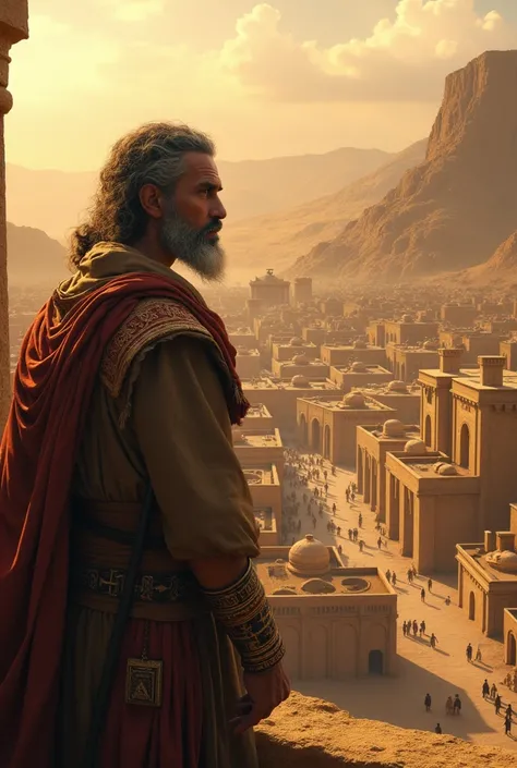 Biblical character Othniel looking over the city of Israel from his palace 