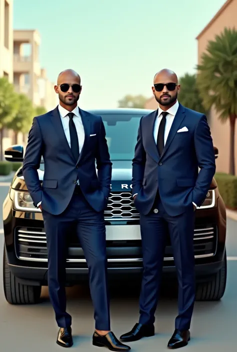 A photo of a 2 Indian bold head  man wearing a navy blue tailored suit and sunglasses. He is standing near a black  rangrover. The background is bright and sunny, with a few trees and buildings visible. The overall look is fresh and modern.