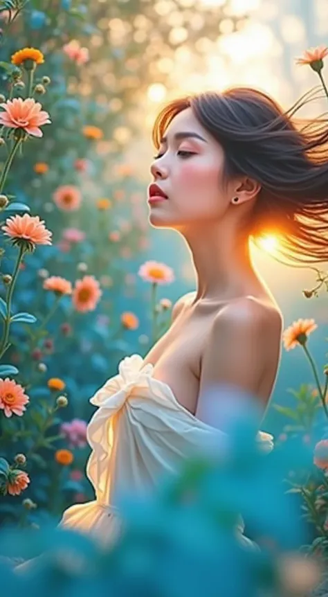 a beautiful girl in a garden, backlit by the sun, detailed facial features, long hair blowing in wind, nature, green plants, flowers, warm lighting, photorealistic, 8k, highly detailed, intricate, dramatic lighting, cinematic, fantasy, soft colors, glowing...