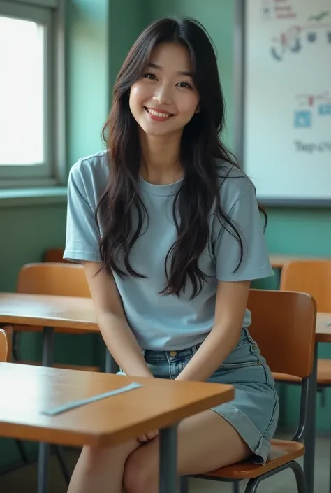 realistic photo, South Korean idol singer IU is sitting on a desk in a school classroom with her legs crossed and smiling while wearing a.