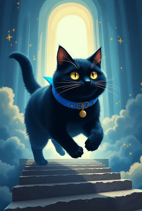 A Chunky Black cat with blue collar running up to heaven in a stare way