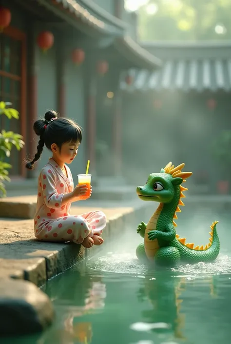 hyperrealistic image with depth of field, HDR, and a 3D render in an Unreal Engine style. The scene features a small green dragon behind a natural pool, reaching out towards a pretty Asian woman wearing polka dot pajamas , holding boba tea, sitting cross-l...