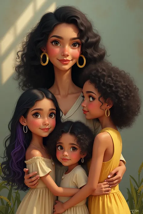 1 mother and 3 white-skinned daughters Mother with curly hair, 1 eldest daughter with long black curly hair, 1 small girl with short curly black hair and yellow highlights, 1 middle daughter with long black straight hair with purple streaks