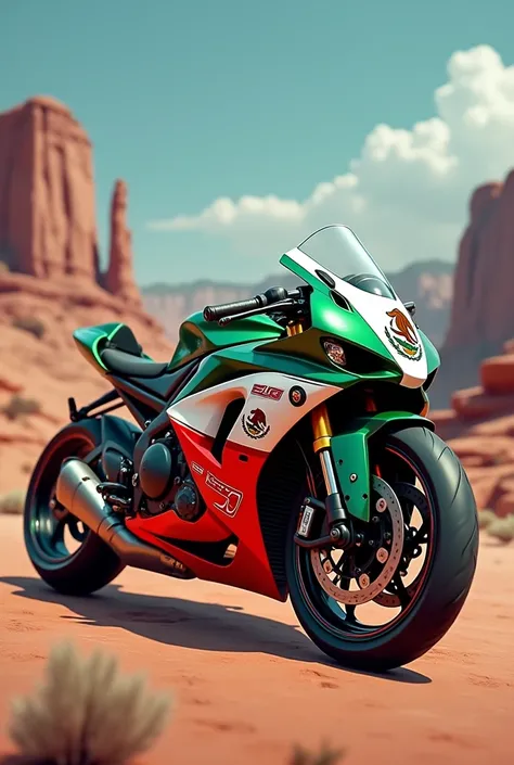 Image of a sports motorcycle painted with Mexican colors and the eagle shield