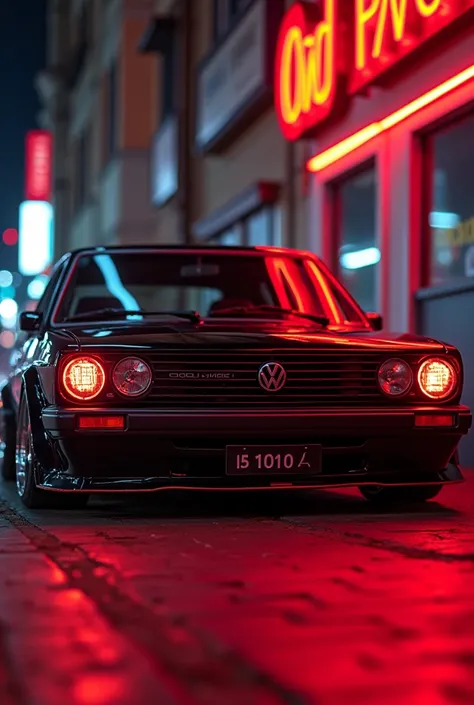 A 1990 Volkswagen Gol, with chrome rims, the car in black color with custom red neon 