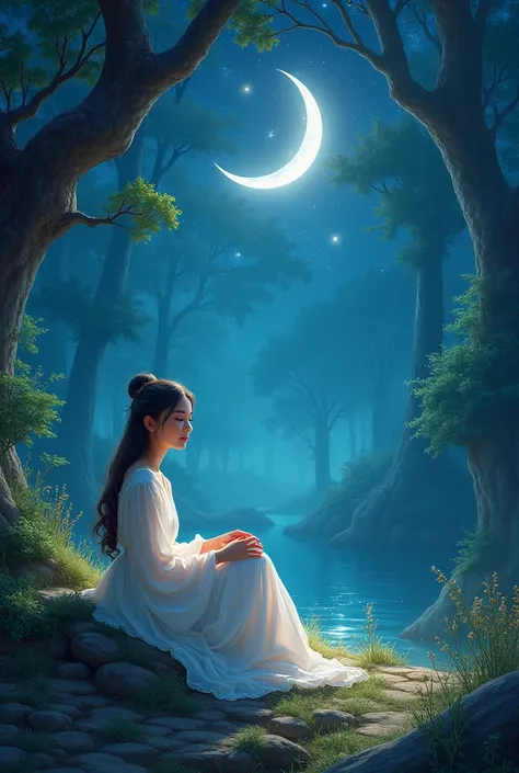 Bech korena girl sit beautiful sky with moon hight forest background tress 