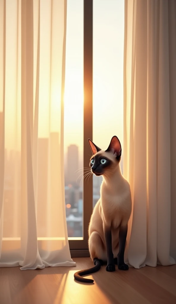 "A curious Siamese cat peeking out from behind a curtain in a modern apartment. The room has large floor-to-ceiling windows showing a panoramic view of the city skyline during the afternoon, with the cat’s reflection visible on the glass."