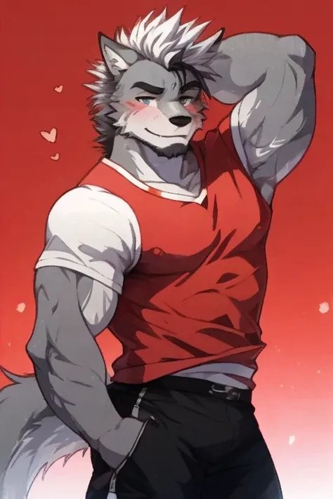 An Anime style Top Side Picture of A Very Muscular Kemono Furry Gray Wolf. He is only wear mostly white and Red T-Shirt and black shorts with belts. His both hand is gripping together behind his head like a sexy pose. The background is All white. He have G...