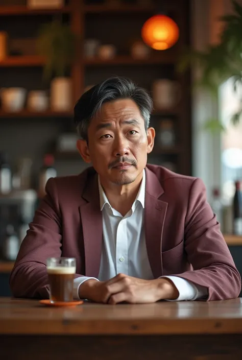 An Asian man in his early 50s, dressed in white shirt, light burgundy jacket, He is standing behind a bartender&#39;s table in a coffee shop, watching me seriously and at a short distance. 