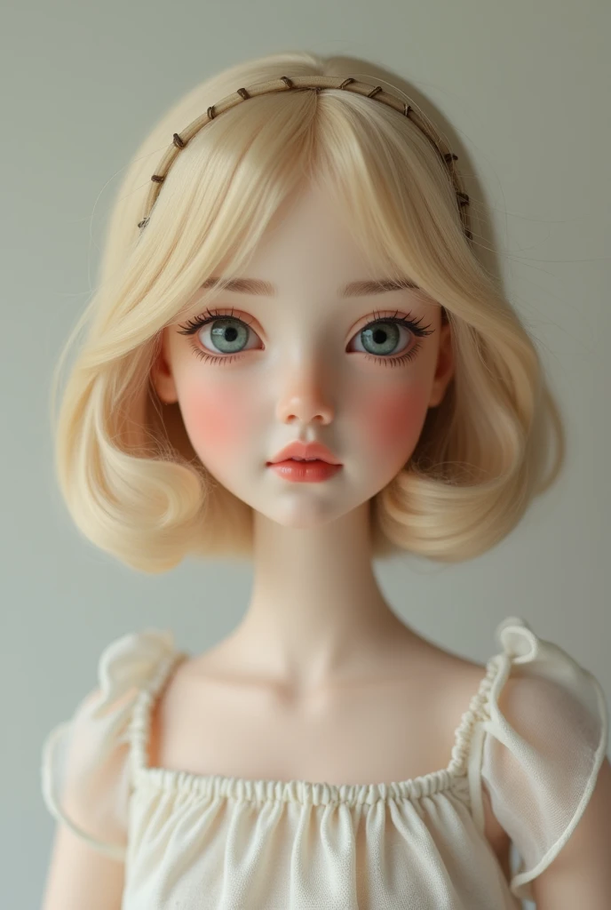 Bisque doll facing forward。Blonde。Bob。Wave。hair band。bangs
