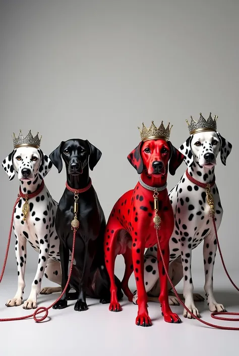 Create a representative image of Cruella de Vill without using the Cruella character but with the colors, white black red gold and silver can be a site place animal better one or several dalmatians remember I can&#39;t put or similar the character cruella ...