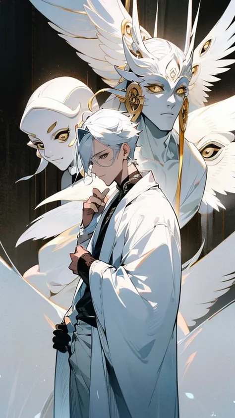 God of Light, Male, White-Gold Hair, White Coat, Angel Mask, Thin, Long Pants, Focus on Face, High Detail, Angel Mask