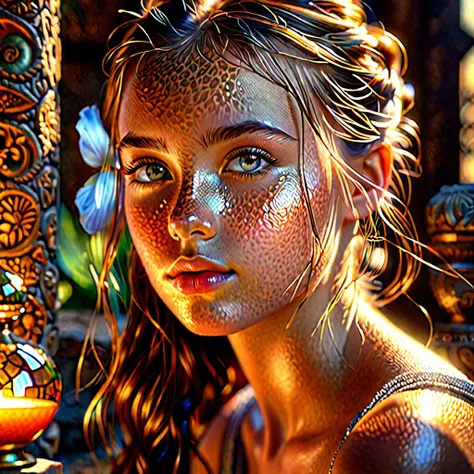 A highly detailed, photorealistic portrait of a girl in a serene setting, with soft, warm lighting, exquisite color refraction, and a stunning surreal design featuring ancient artifacts. The image is rendered in 8K resolution with HDR and UHD quality, show...