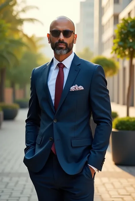 A photo of a 30-year-old Indian bold head  man wearing a navy blue tailored suit and sunglasses. He is standing near a maroon  autobiography. The background is bright and sunny, with a few trees and buildings visible. The overall look is fresh and modern.