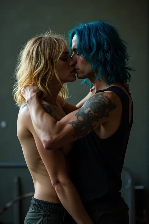 I want a photo taken by you of Evan Peters with blonde hair and Jared Leto aged 25. Jared must have long hair, and blue hair. 

Where Jared is shorter, and they both kiss