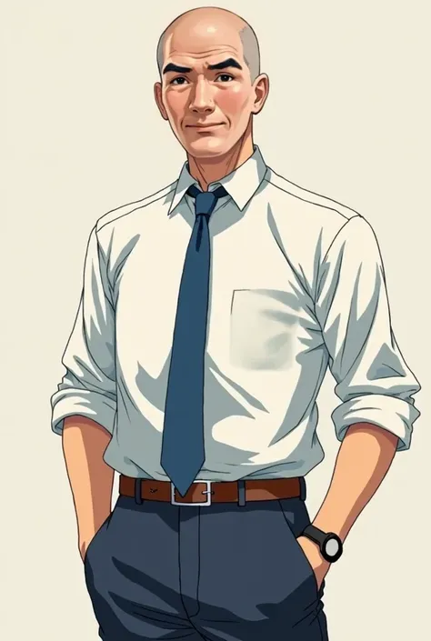 Japan Middle Aged Man, anime, Shaved Head, manga, White collared shirt, Plain blue tie, Navy blue trousers, Brown belt, 40 years old, Brown leather shoes, kind, Facing forward, Looking Ahead, Upper body close-up, 