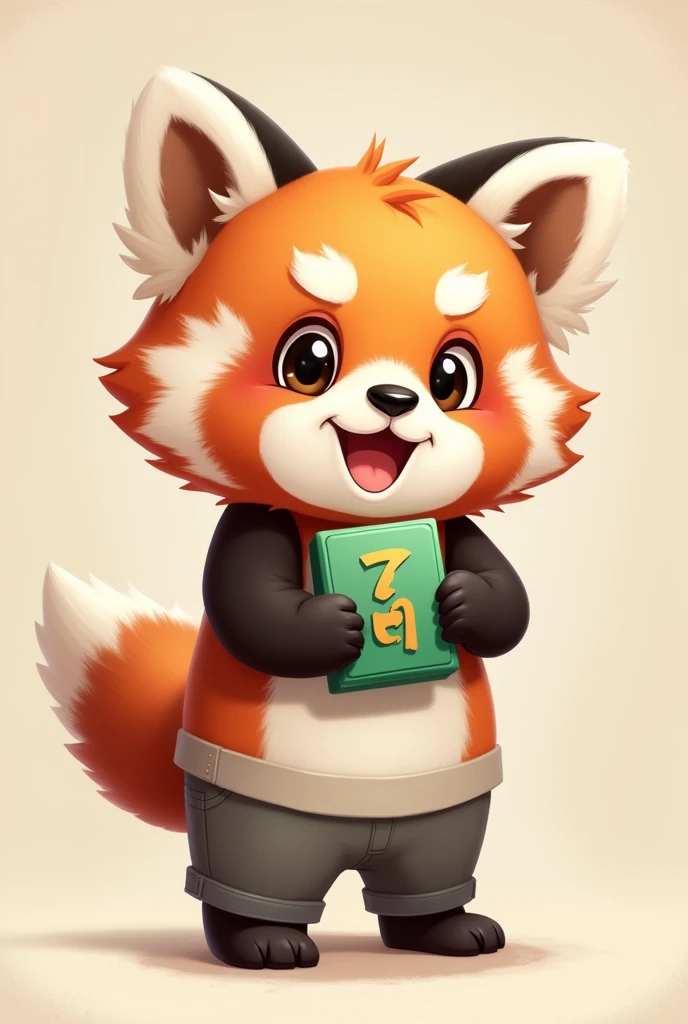 Red panda, semi realistic cartoon, wearing white singlet, wearing pants, standing, smiling, cute, holding mahjong tile, green fa tile