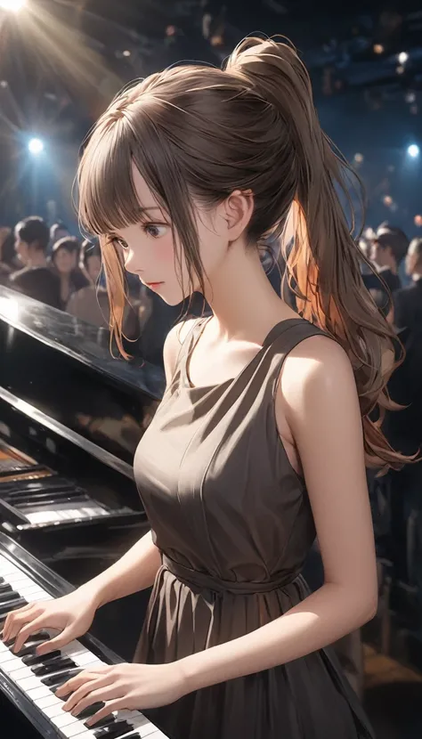 Beautiful young Japanese woman, Around , (((Wearing a brown shift dress))), Super detailed, 8k resolution, Very realistic, Cinema Lighting, Highest quality, masterpiece, Realistic, Physically Based Rendering, Very detailed, Vibrant colors, Professional, Sh...