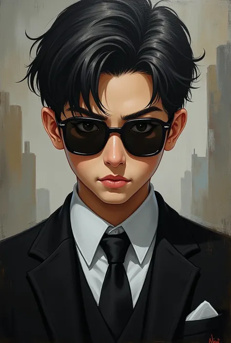 Painting, handsome boy, japanese, certain hair, sunglasses, wearing a suit, villain, front look.