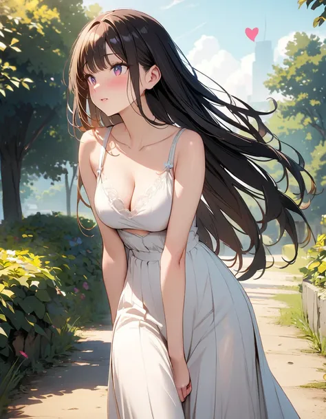 1 lady, Beautiful asian lady, Long straight hair, beautiful face, detailed face, delicate eyes, detailed pupil, beautiful and delicate lips, white camisole long skirt, Simple and stylish, hand drawn animation, high detailed, outdoor, blush, shy, heart, in ...