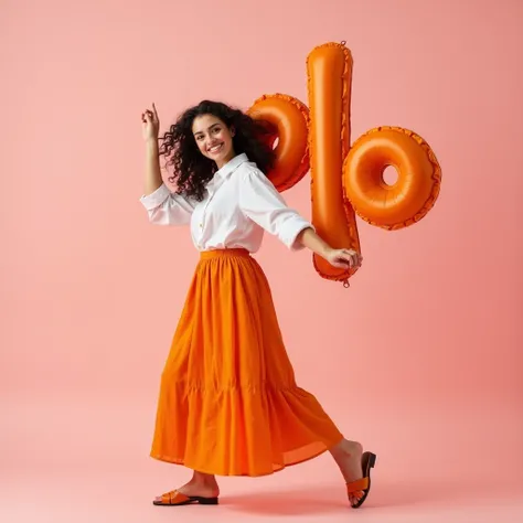 Cheerful Russian girl 20 years old in a white shirt and orange skirt made of wrinkled fabric, on a cold pink background, high detail, professional photo, studio light, magazine face retouching, Natural beauty, with black curly hair, in a dance movement hol...