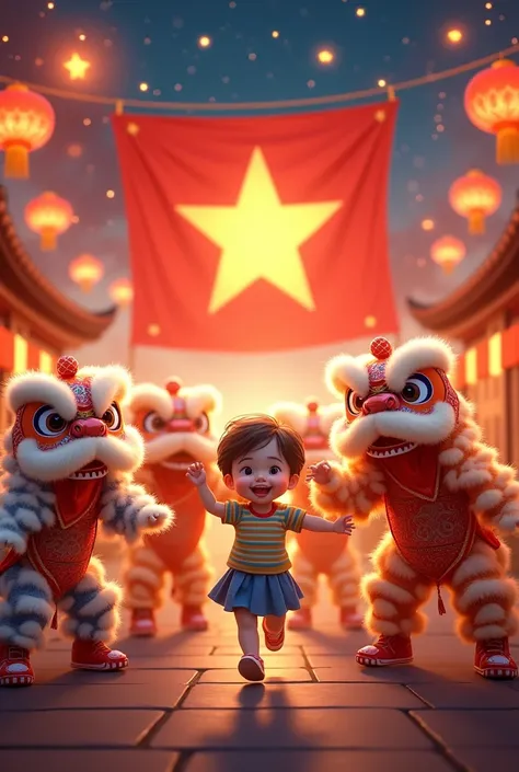 I want to make a backdrop with the theme of Mid-Autumn Festival and the country of Vietnam, with children playing lion dance, 2 images of groups of children dancing with lion heads, the Vietnamese National flag, Mid-Autumn Festival lights, and starlight. S...