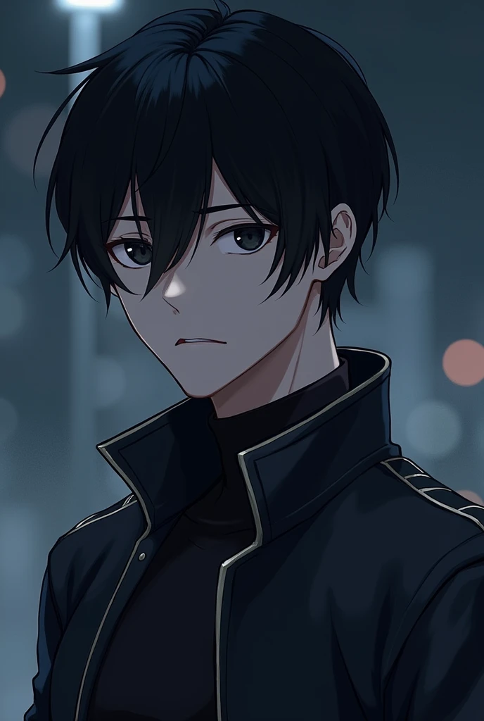 (jay in enhypen), wearing leader jacket, night background, pale skin, (broad shoulder), black serine eyes, (sharp jawline), dark black straight hair, (thick brows), (realistic), manly facial features.
