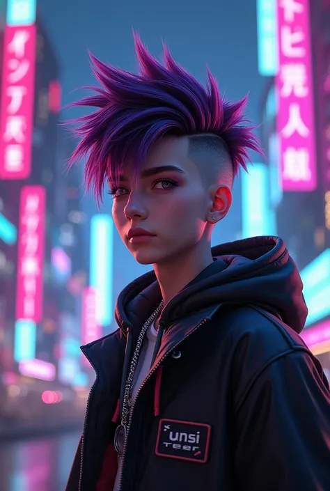 Cyberpunk teenage boy color purple or black or pink
