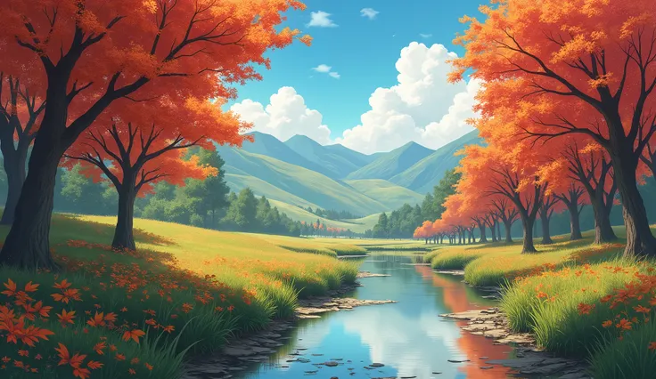 Highly detailed anime-style still images,Fall,Autumn ,Anime Ghibli Studio Style,4k,landscape