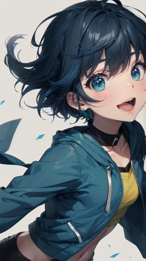 Close-up of a manga girl with blue hair and a yellow shirt, 2D Animation, 2D Animation style, 2D Art, 2D Art, 2D from Gorillaz, 2D from Gorillaz, 2D Gorillaz, Screaming Cerket, 2D Sprite, Jinx Face, short hair, Small breasts, hot pants, ((Black Hair, Inner...