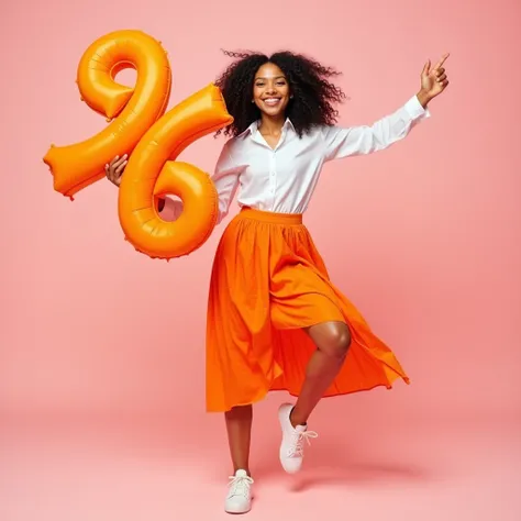 Cheerful Russian girl 20 years old in a white shirt and orange skirt made of wrinkled fabric, on a cold pink background, high detail, professional photo, studio light, magazine face retouching, Natural beauty, with black curly hair, in a dance movement hol...