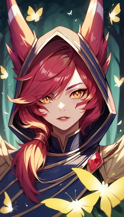 xayah, black-skinned, brown straight hair with bangs. Dark forest with fireflies, shiny yellow cat eyes. Concept art, portrait. (((Masterpiece))). ((8k))