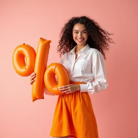 Cheerful Russian fashionable girl 20 years old in a white shirt and orange skirt made of wrinkled fabric, on a cold pink background, high detail, professional photo, studio light, magazine face retouching, Natural beauty, with black curly hair, in a dance ...