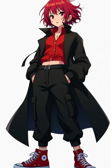  anime styling,  short and curly hair,  red blouse,  black cargo pants, black greatcoat,  red all star, star earring, and scars on the face 