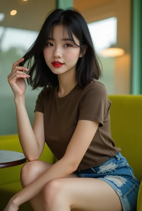 A photograph of a korean young woman, korean idol, sexy cute body, slightly plump body, wearing brown tshirt and blue ripped (((denim miniskirt))), sitting crossed-legs, front below view, slightly side view, ((from below, low angle view)), on comfortable l...