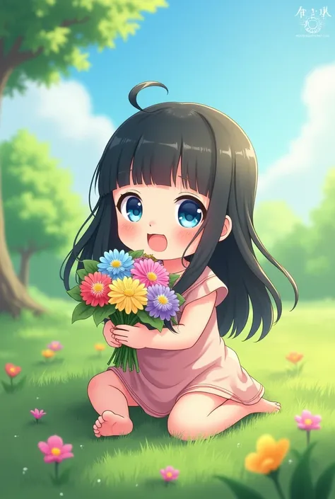 Cute anime baby girl with long black hair with bangs ,little blue eyes,sitting in the field holding colorful flowers in her little hands,While giving a beautiful smile