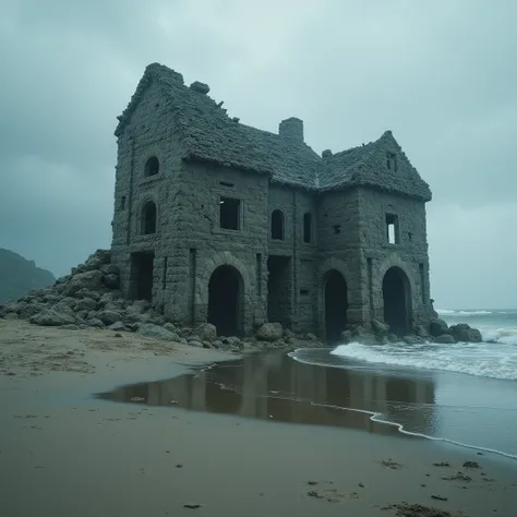 A blown up stone hut on a sandy beach, flooded with water, heavy rain pouring down, (best quality,4k,8k,highres,masterpiece:1.2),ultra-detailed,(realistic,photorealistic,photo-realistic:1.37),detailed ruins, sand, puddles, dramatic lighting, moody atmosphe...