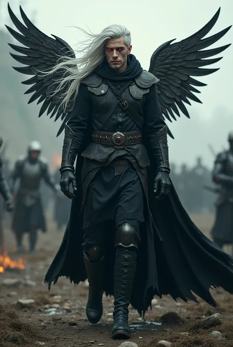 1 prince, red glowing eyes, white straight long hair floating in the wind, metal eagle wings with sharp blades sticking out of the wings, wearing an alondra punk warrior long black gothic hooded coat cloak paired with black leather boots that is knee-high,...