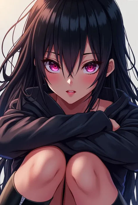 One girl, Long Hair, Black Hair, Close your mouth,  Black stiletto heel boots，anime, Bright Eyes, Character portrait, 