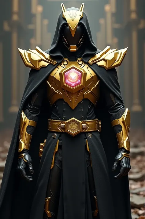 Creat the most powerful legendary black gold power ranger with cloak and have a hexagon crystal on the chest and the head is like the futuristic and robotics style and the body is also like it. it represents the protector of the whole world and the most po...